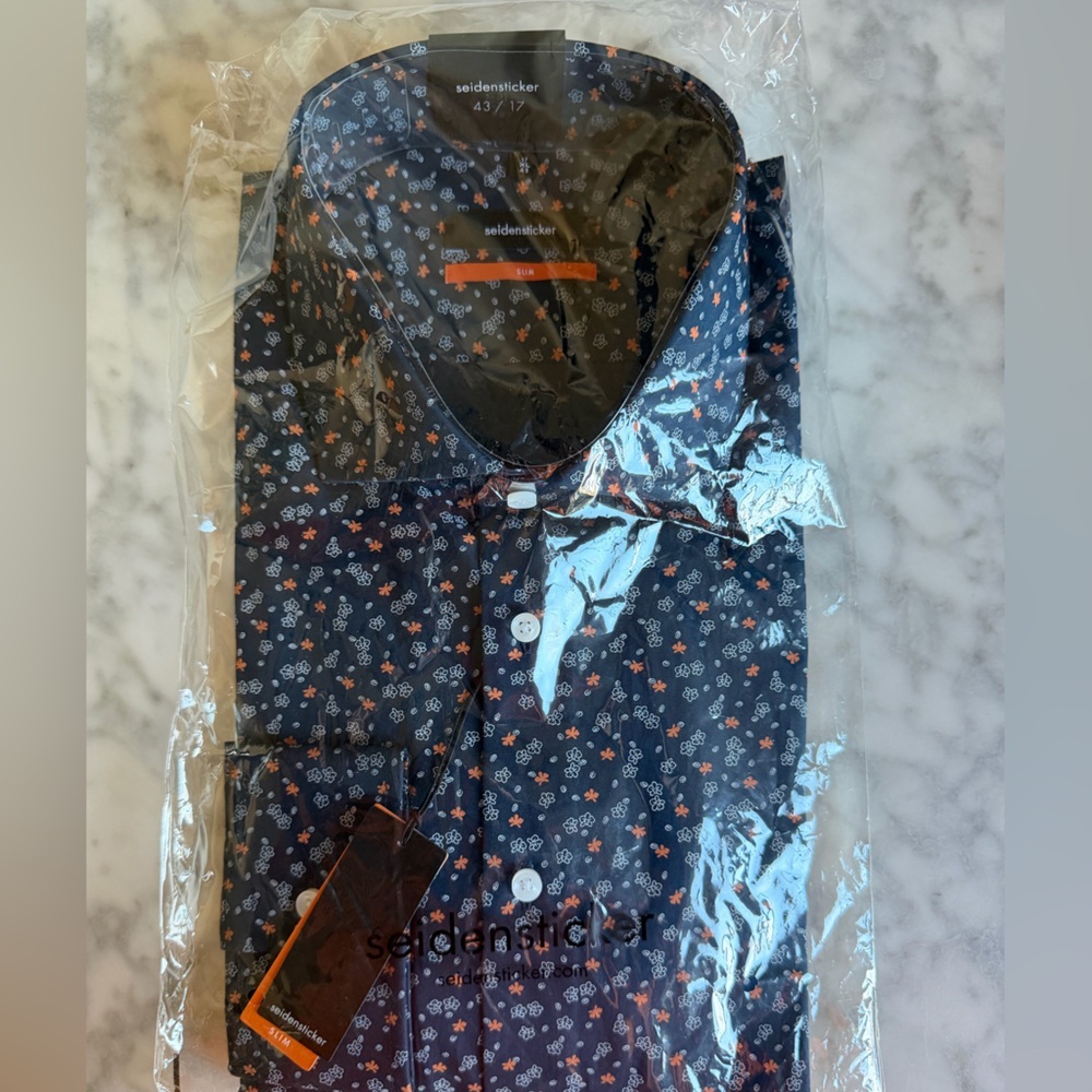 Men's Siedensticker Navy Floral Print Dress Button-Up Shirt 43/17 Extra Large